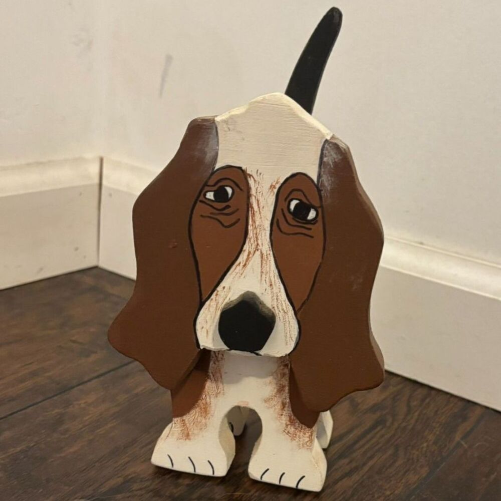 Wooden Hound Dog Basset Hound Figurine Hand Painted Decor